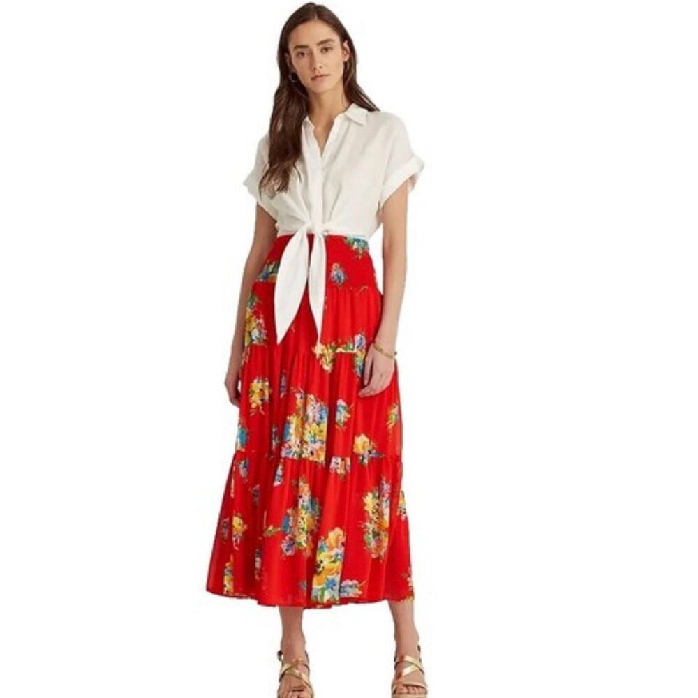 NWOT Ralph Lauren Red Floral Smocked Tiered Midi Skirt Sm E23 - Picture 2 of 7